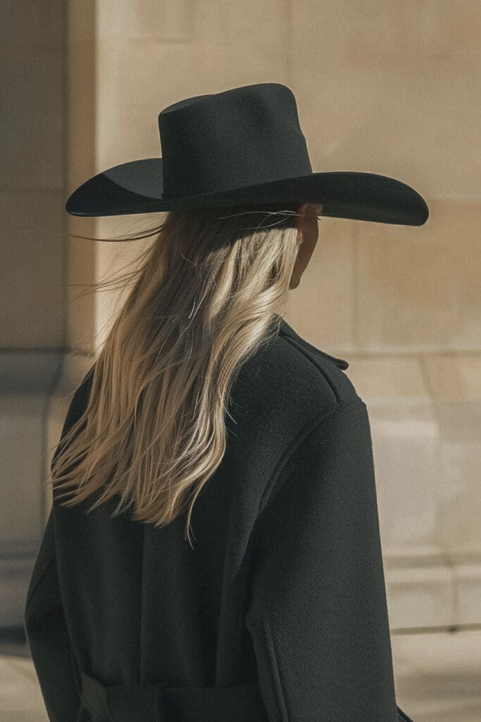 back view of a minimalist black coat, max mara, by Alexander Mann, model with blonde long extension hair, cowboy hat, low details and clean lines, beige colors, oversized_hindquarters, lookbook photography, ultrafine details, shaded, waist - shot, side view close up of a gaunt, shoulders, miko, detailed